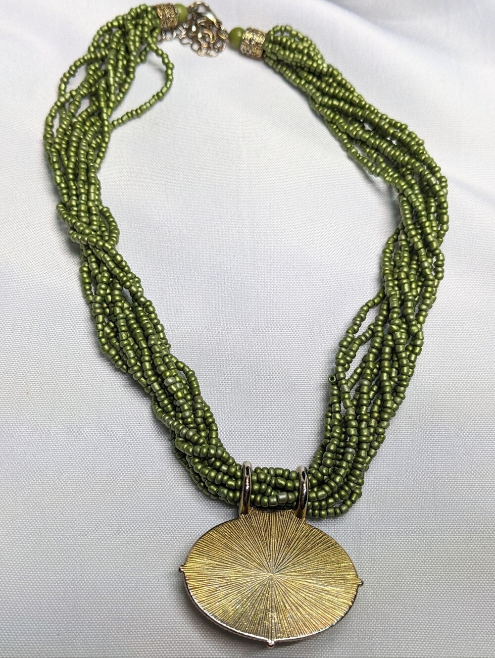 Seed Bead Necklace W/ Cabochon Pendant, Sage Green W/ Gold-tone Findings,Adjust. - Picture 3 of 7